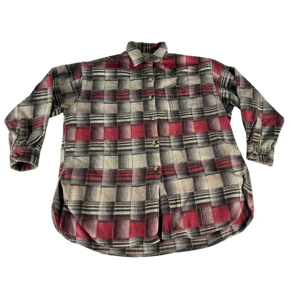 Boom Plaid 3/4 Quarter Sleeve Button Up Shirt Men's M Red Black Collared Pocket - Picture 1 of 4